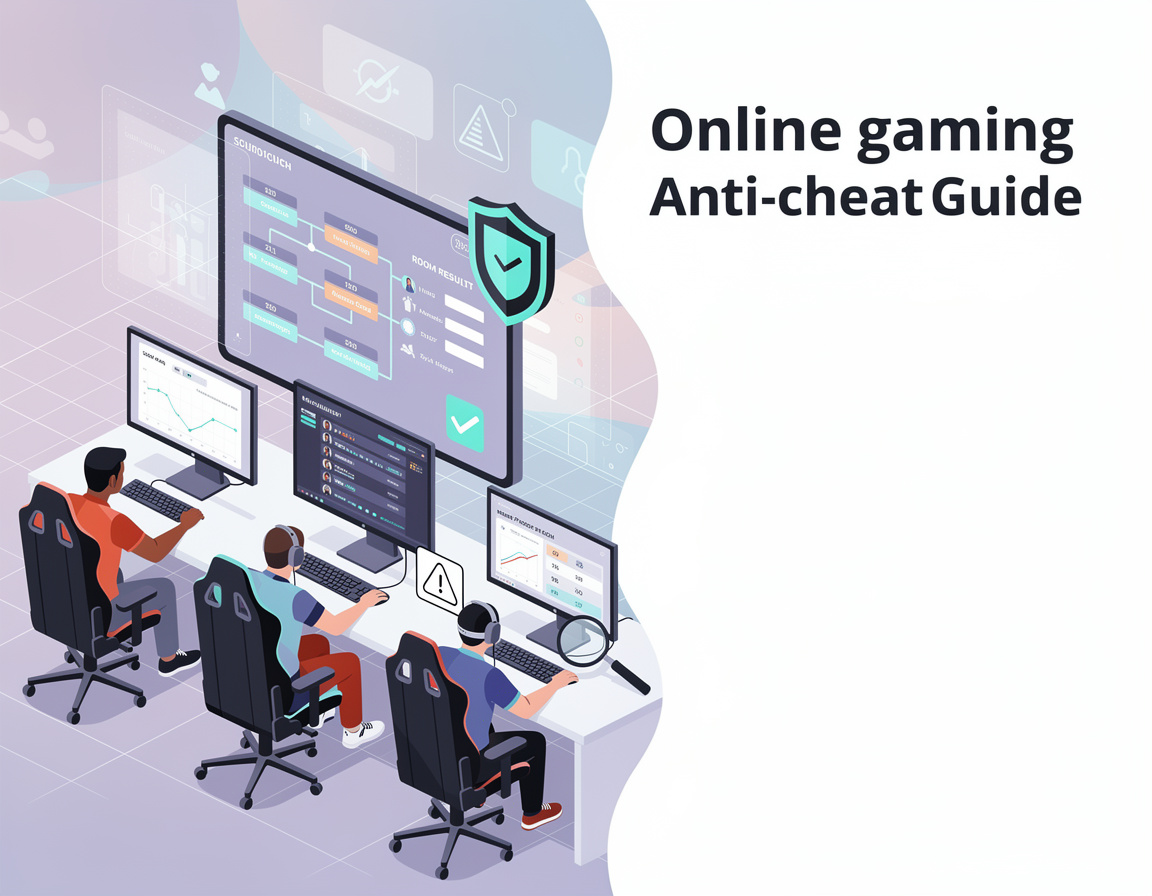 Ilustrasi panduan anti-cheat peserta untuk event game online ido777 dengan bracket, room match, dan bukti skor