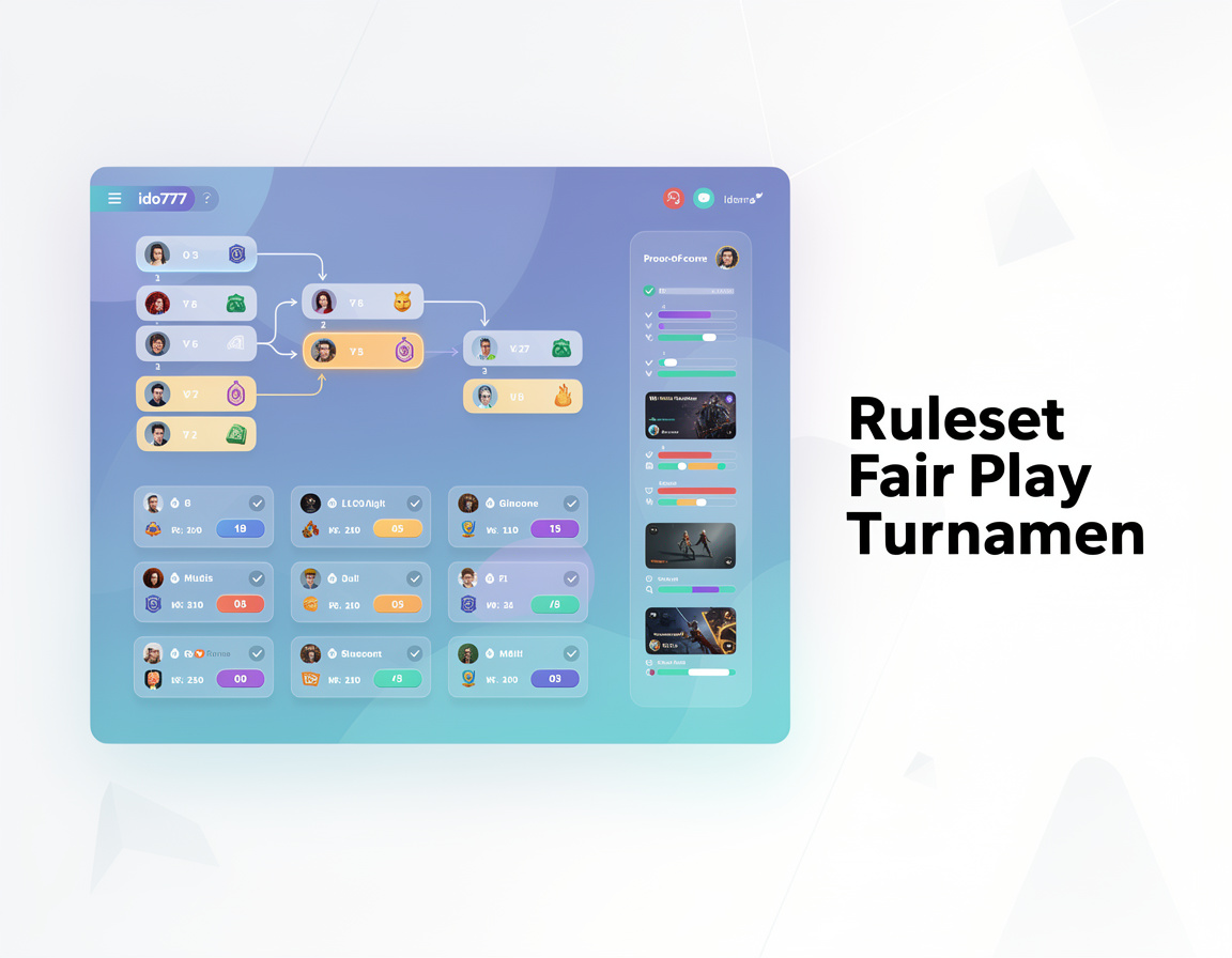 Ilustrasi ruleset fair play turnamen untuk event game online ido777 dengan bracket, room match, dan bukti skor